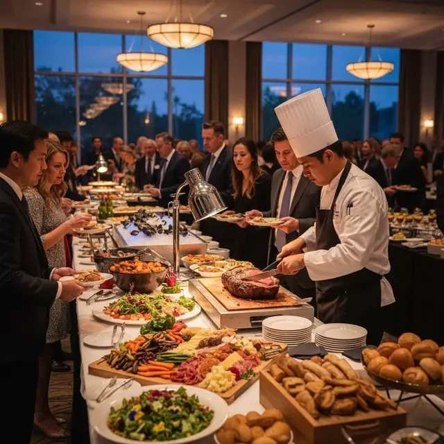 A chef carving at a buffet station while guests serve themselves at an evening event