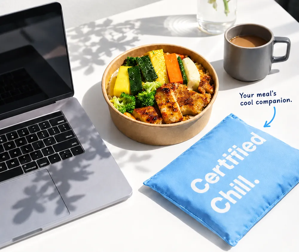 A chicken and vegetable bowl on a desk next to a laptop, a coffee and a blue Certified Chill ice pack