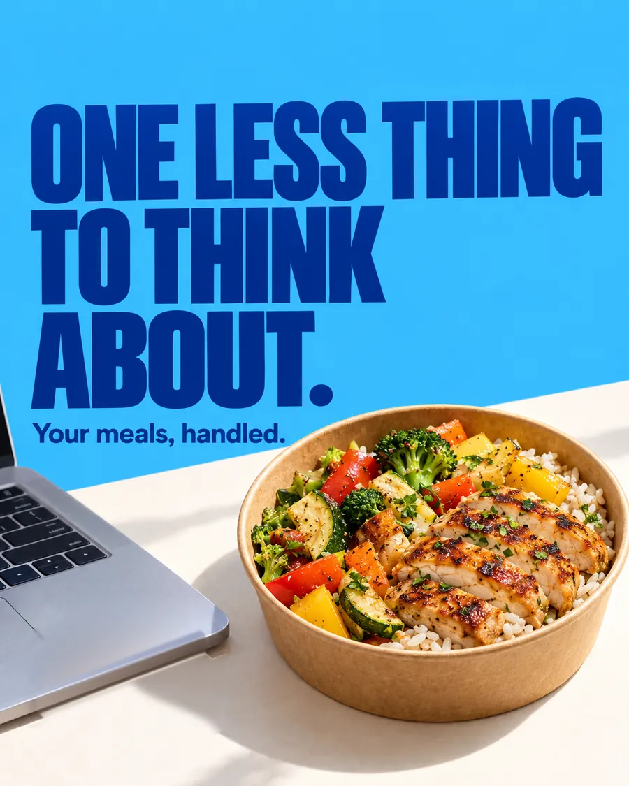 Messify poster reading One less thing to think about, your meals handled, with a chicken and vegetable rice bowl beside a laptop